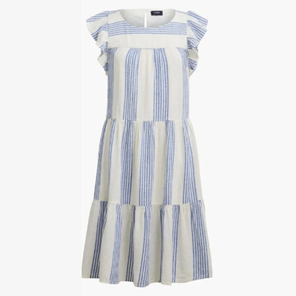 New! J Crew Linen-blend striped mini dress  Ivory Brilliant Blue 18988